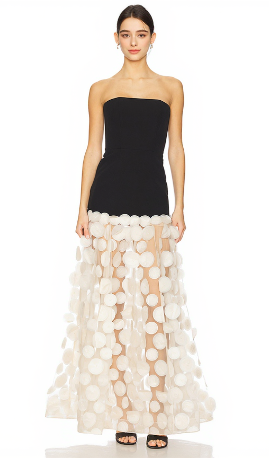 NODIN STRAPLESS DOT MESH MAXI DRESS