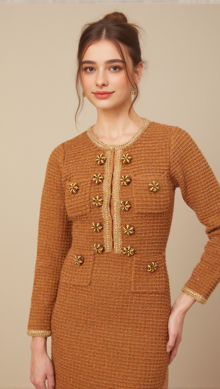 BRAIDED-EDGE TWEED MIDI DRESS IN BROWN