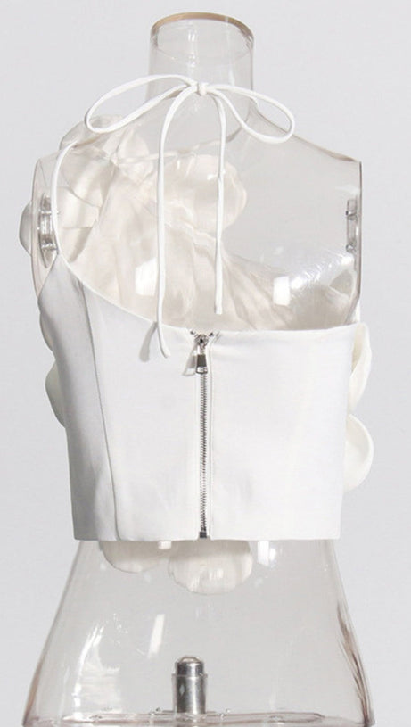 Weißes, bauchfreies Oberteil mit Blumenmotiv „Andia“