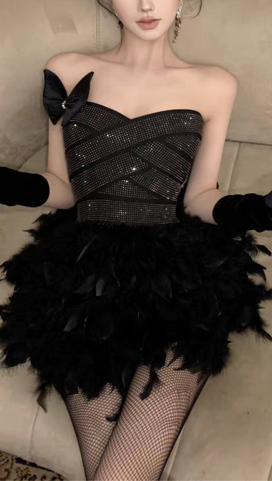 RHINESTONE FEATHER STRAPLESS MINI DRESS IN BLACK