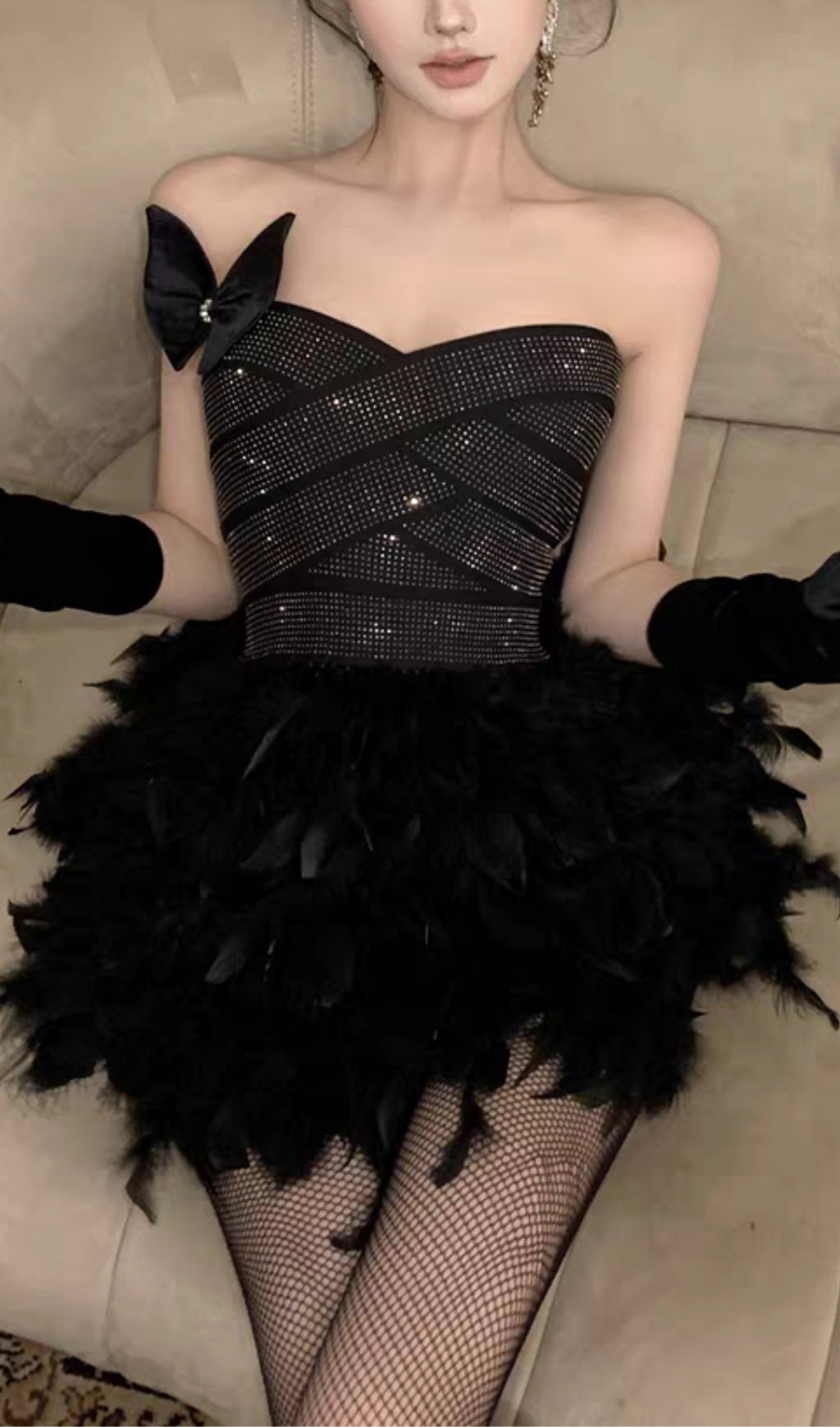 AIIZIE RHINESTONE FEATHER STRAPLESS MINI DRESS IN BLACK - product image