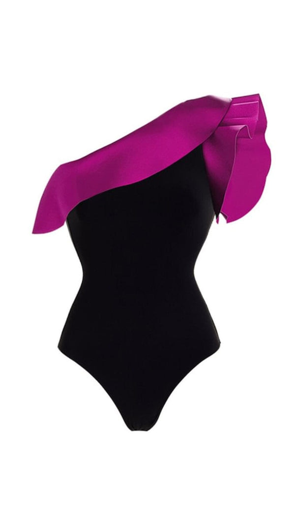 AIIZIE ONE SHOULDER RUFFLE COLOR BLOCK ONE PIECE SWIMSUIT AND SARONG - product image
