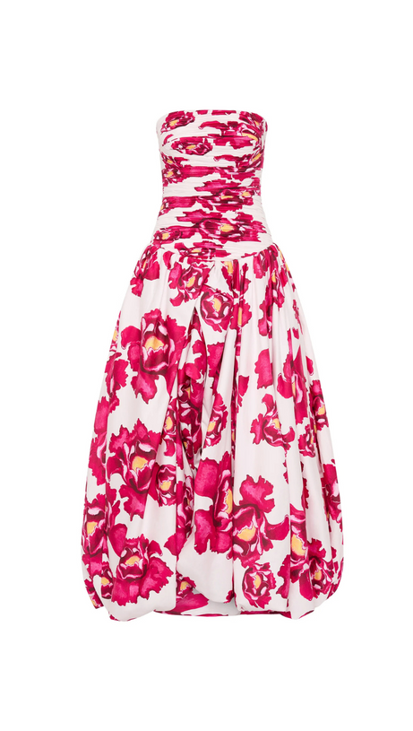 NANCY VIOLETTE  BUBBLE HEM MAXI DRESS IN PALE RED