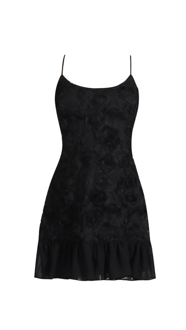 AIIZIE FLORAL APPLIQUÉ PLEATED HEM MINI DRESS IN BLACK - product image