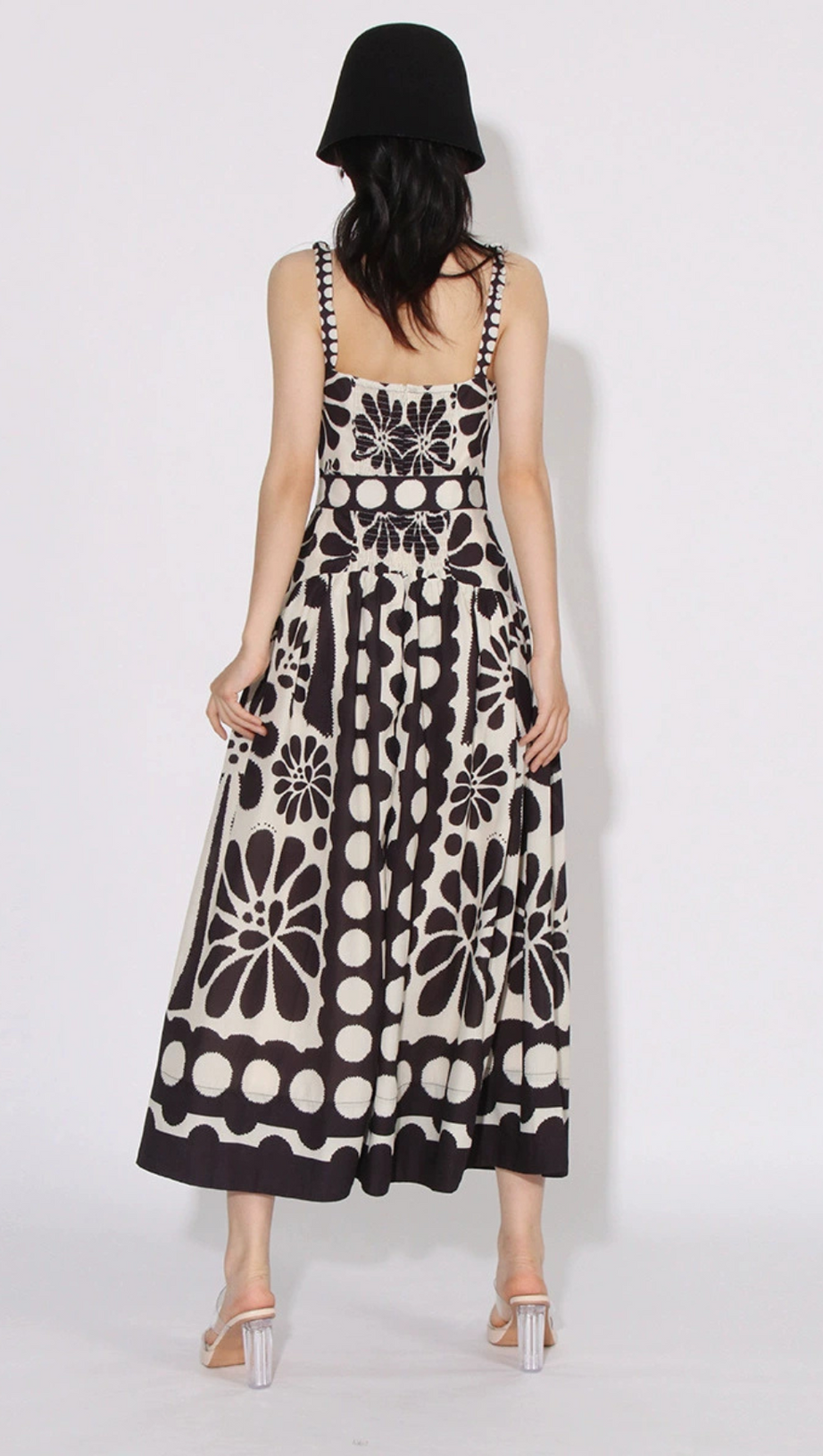 STRAP PRINTED MIDI DRESS IN BLACK