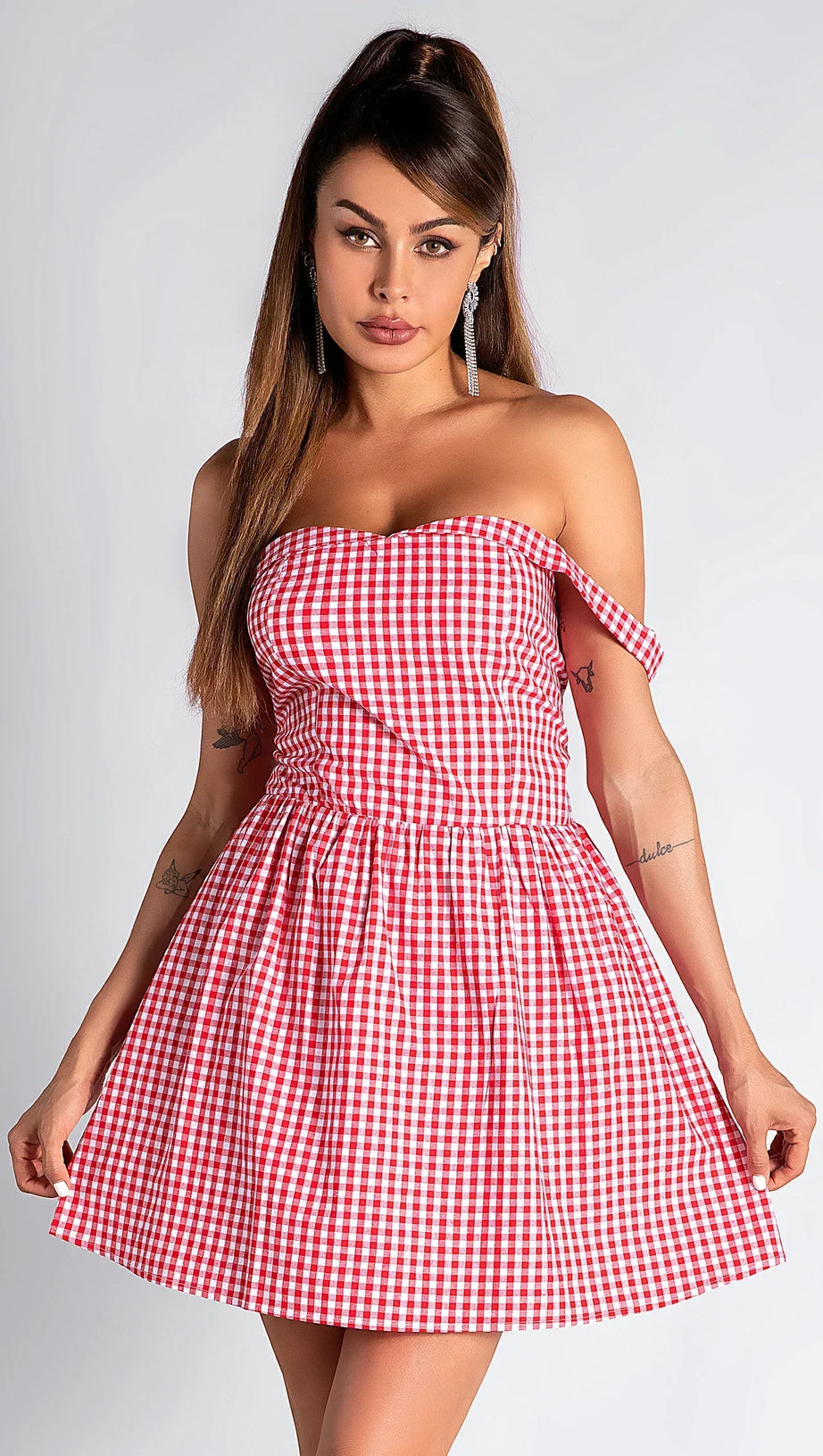 DOROTHEOS OFF SHOULDER PLAID MINI DRESS