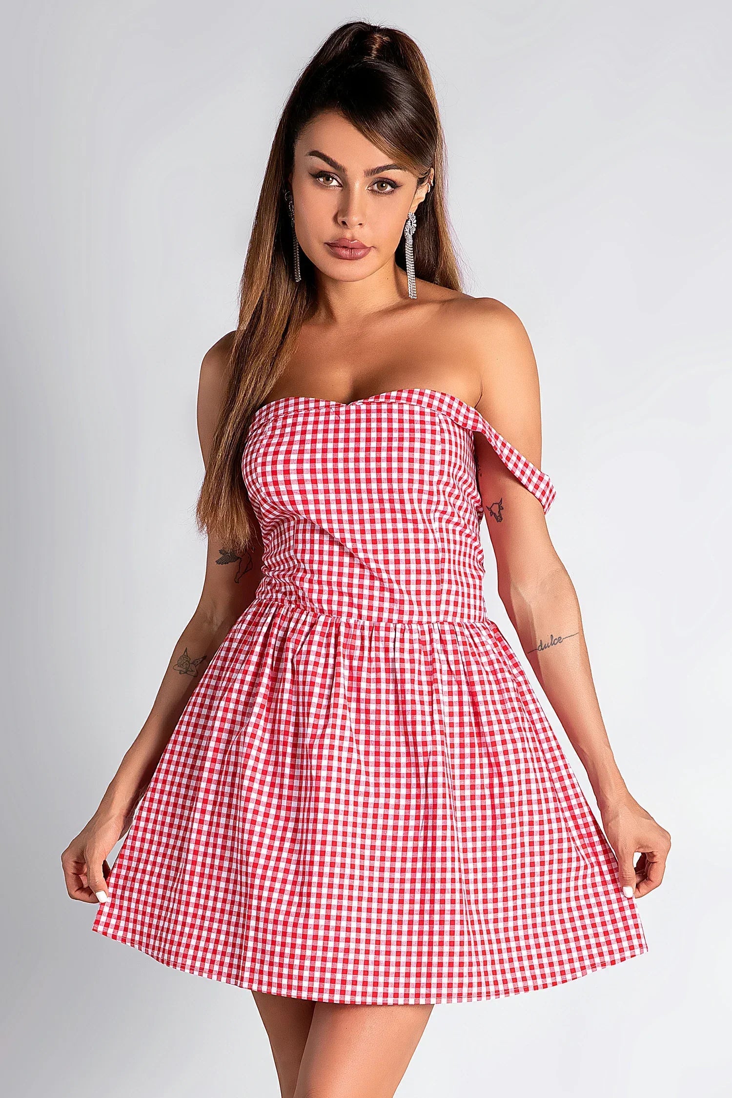 DOROTHEOS OFF SHOULDER PLAID MINI DRESS