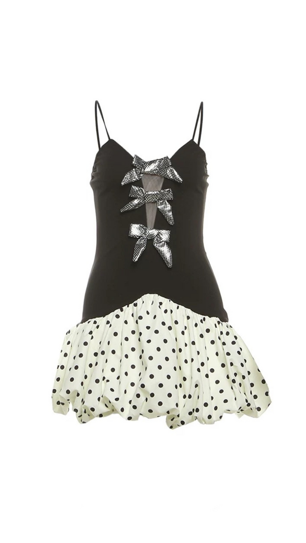 AIIZIE BOW POLKA DOT PATCHWORK MINI DRESS IN BLACK - product image