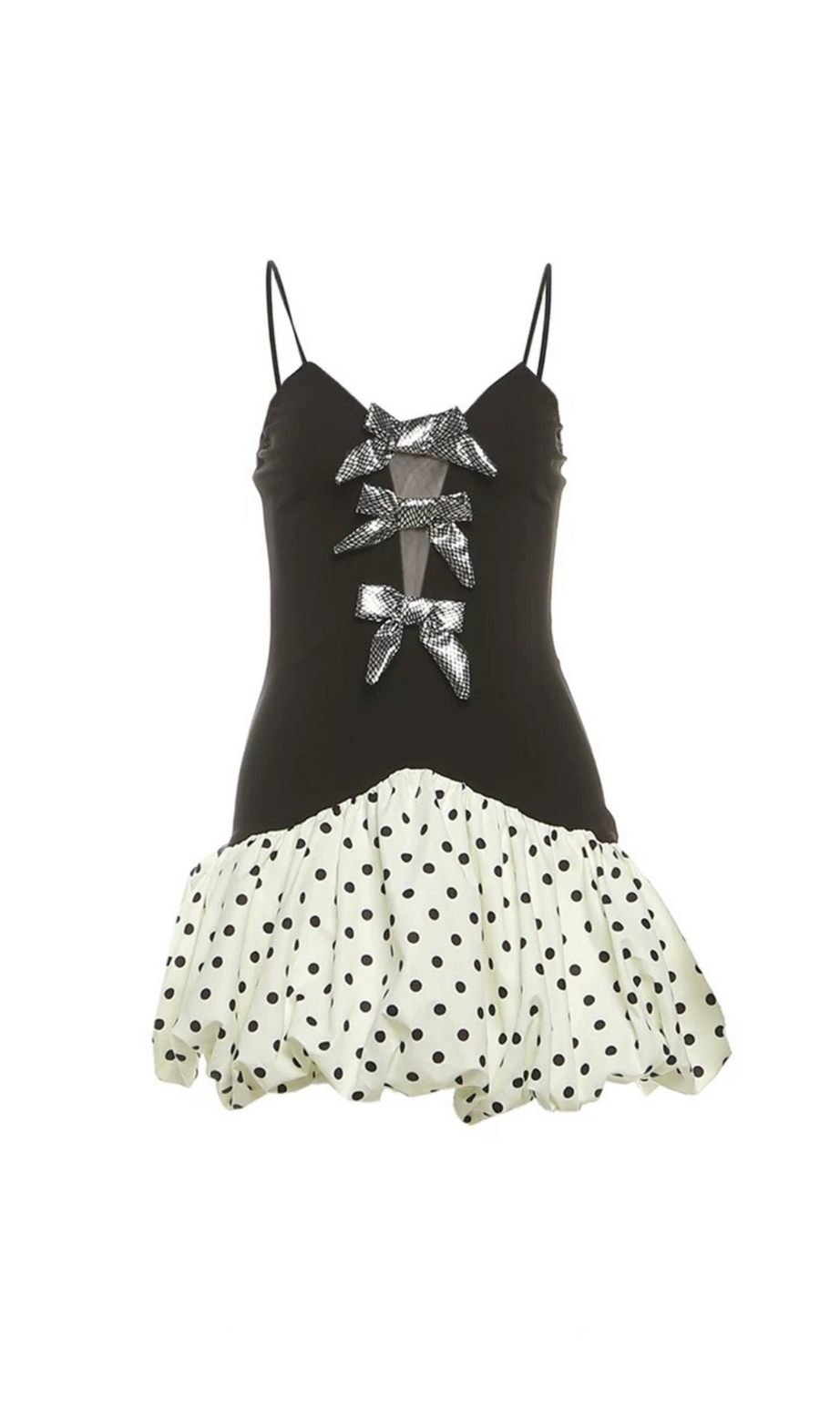 Minikleid mit Patchwork-Muster und Schleife in Schwarz mit Punkten