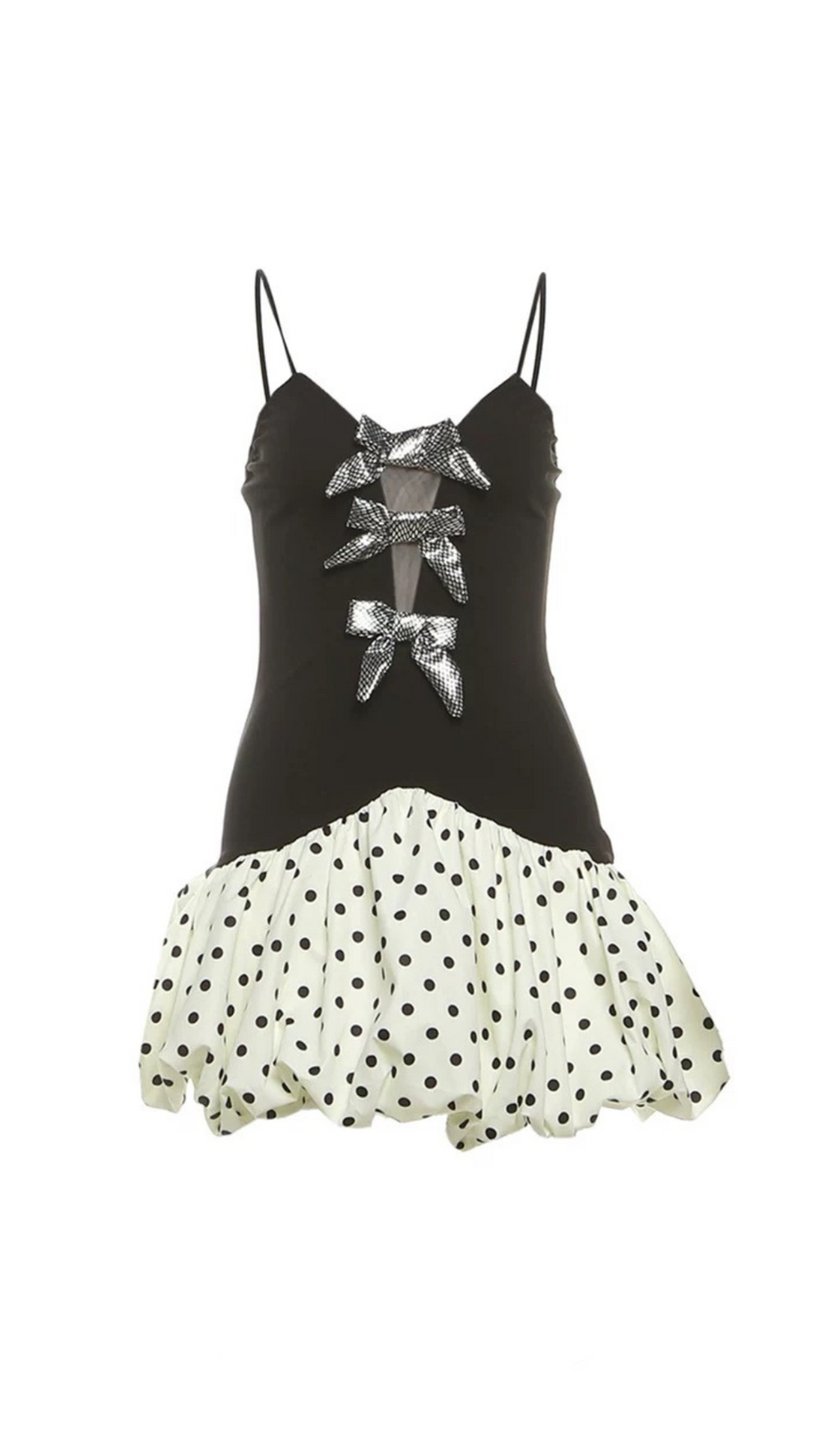 Minikleid mit Patchwork-Muster und Schleife in Schwarz mit Punkten
