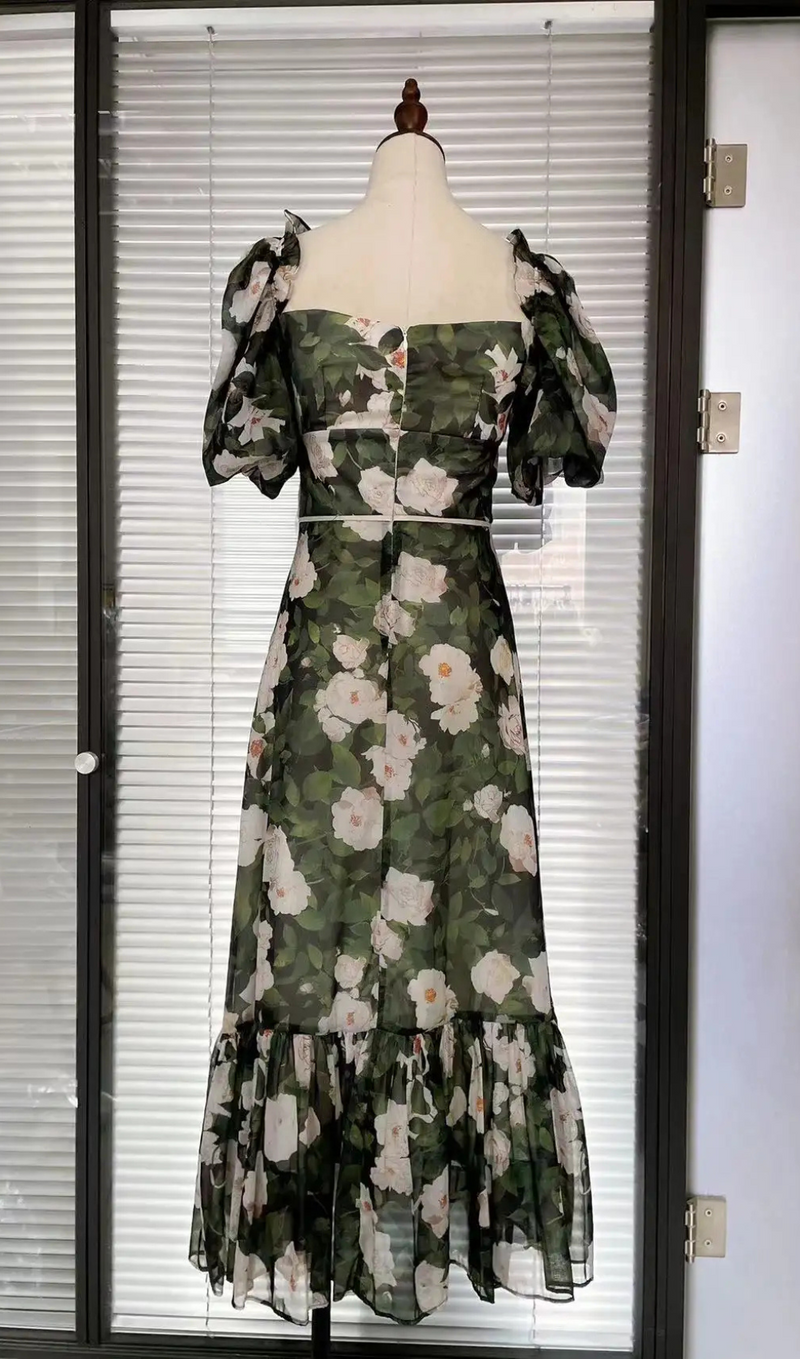 PUFF SLEEVE FLORAL PRINTED MIDI DRESS IN GREEN