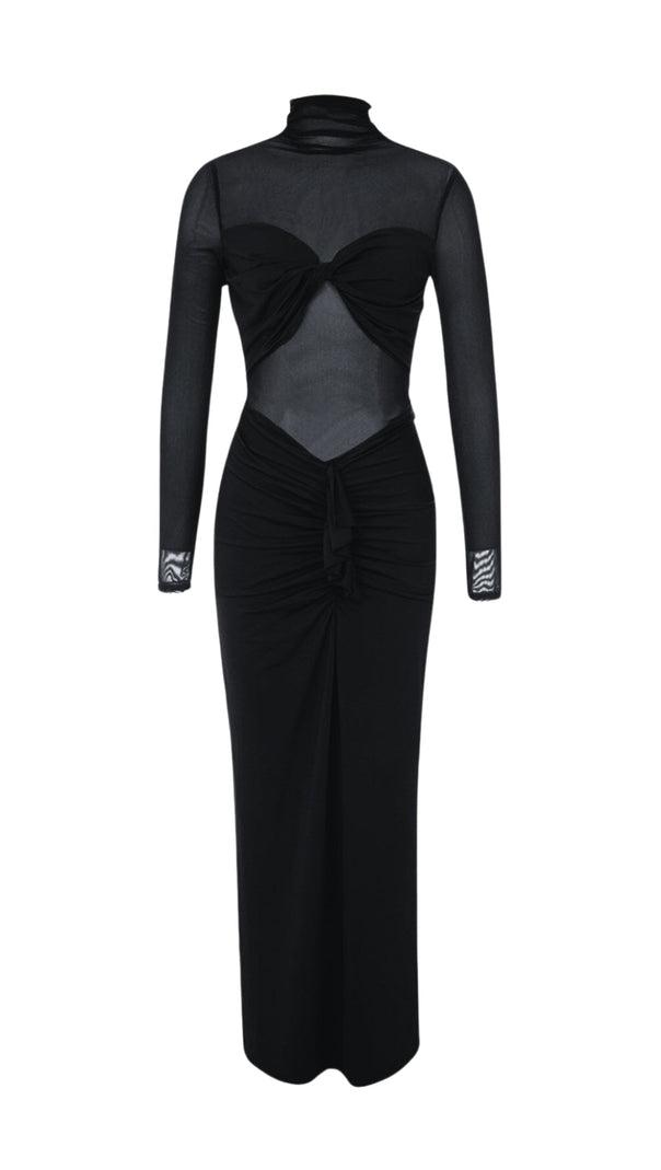 AIIZIE SHEER RUCHED MAXI DRESS IN BLACK - product image