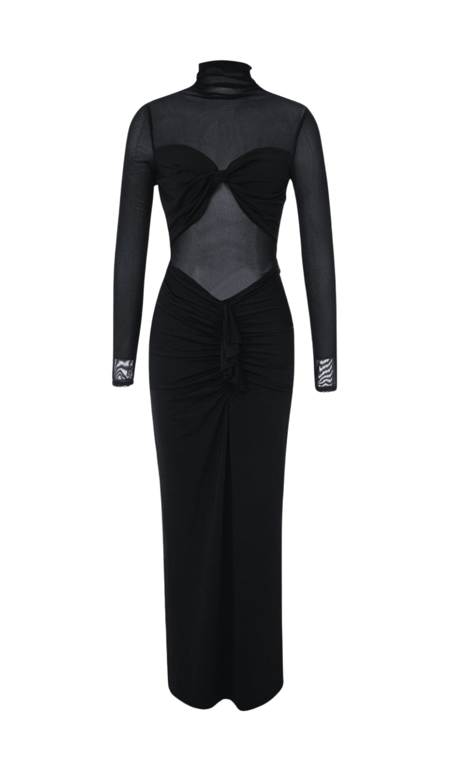 Transparentes, gerafftes Maxikleid in Schwarz