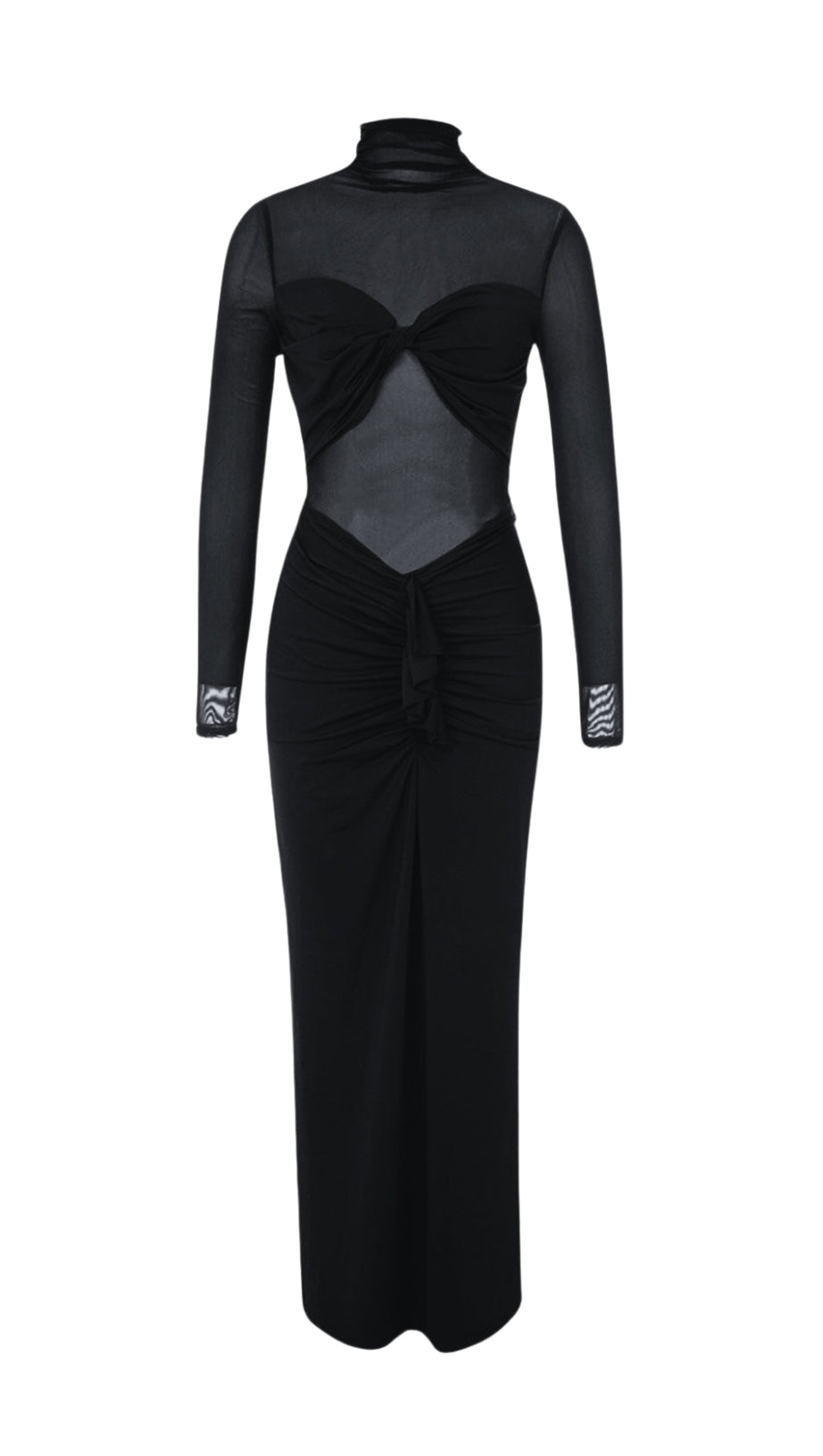 Transparentes, gerafftes Maxikleid in Schwarz