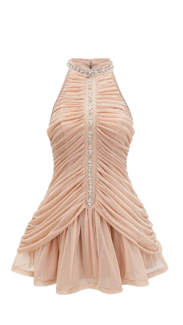 AIIZIE CHAMPAGNE AMENAE EMBELLISHED RUCHED MINI DRESS - product image