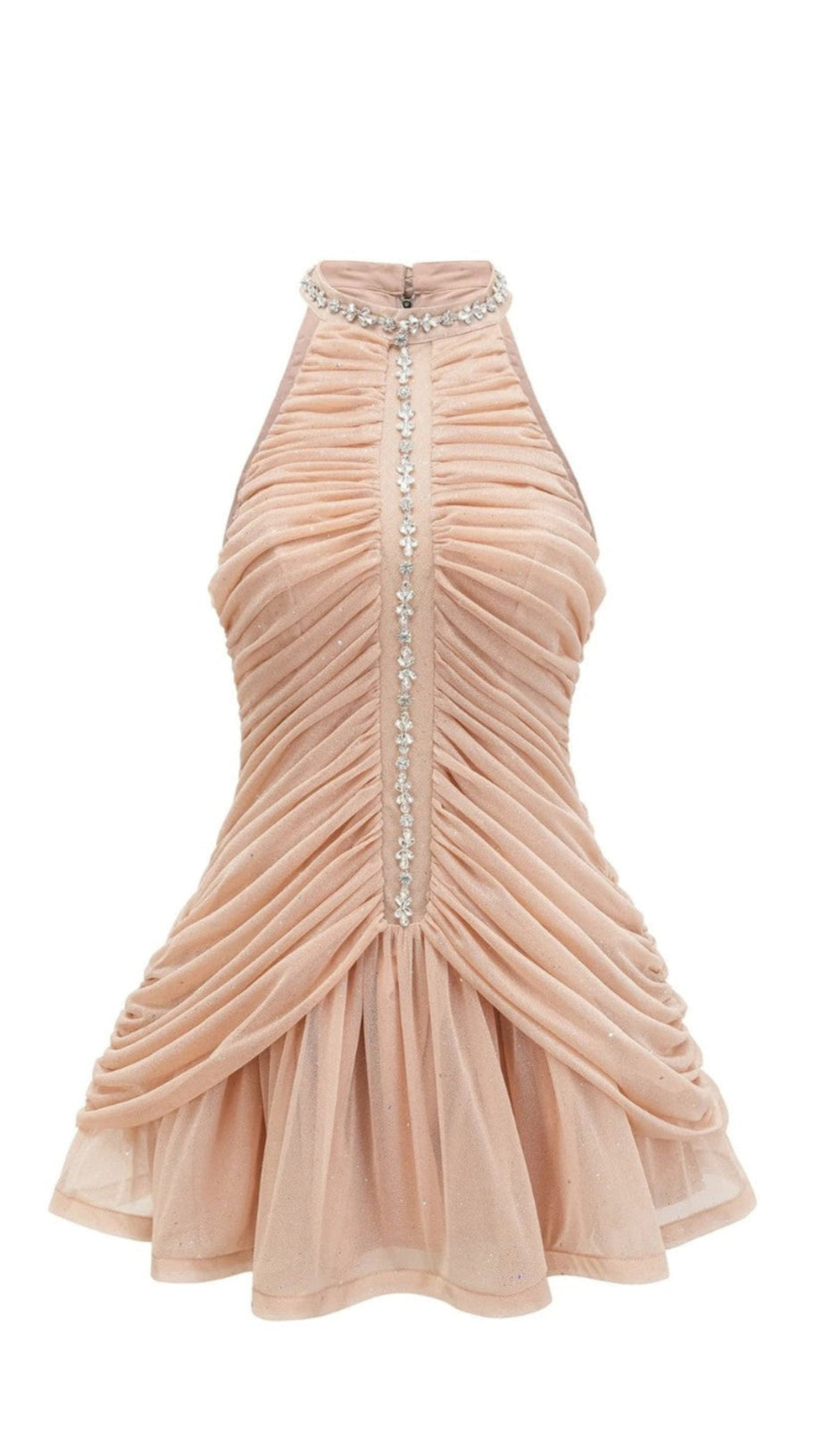 CHAMPAGNER AMENAE VERZIERTES MINIKLEID MIT RÜSCHEN