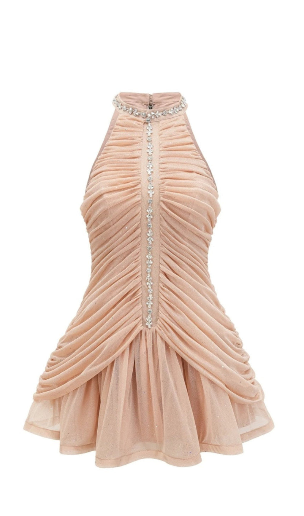 CHAMPAGNE AMENAE EMBELLISHED RUCHED MINI DRESS