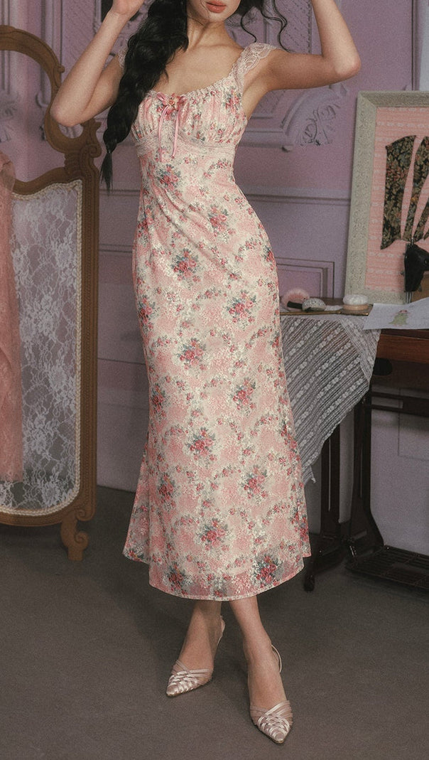 julie floral print lace trim midi dress - pink