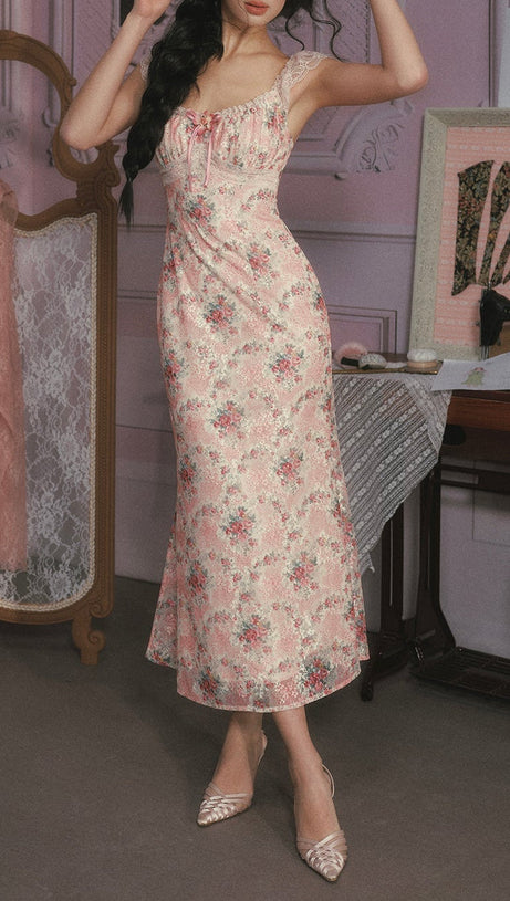 julie floral print lace trim midi dress - pink