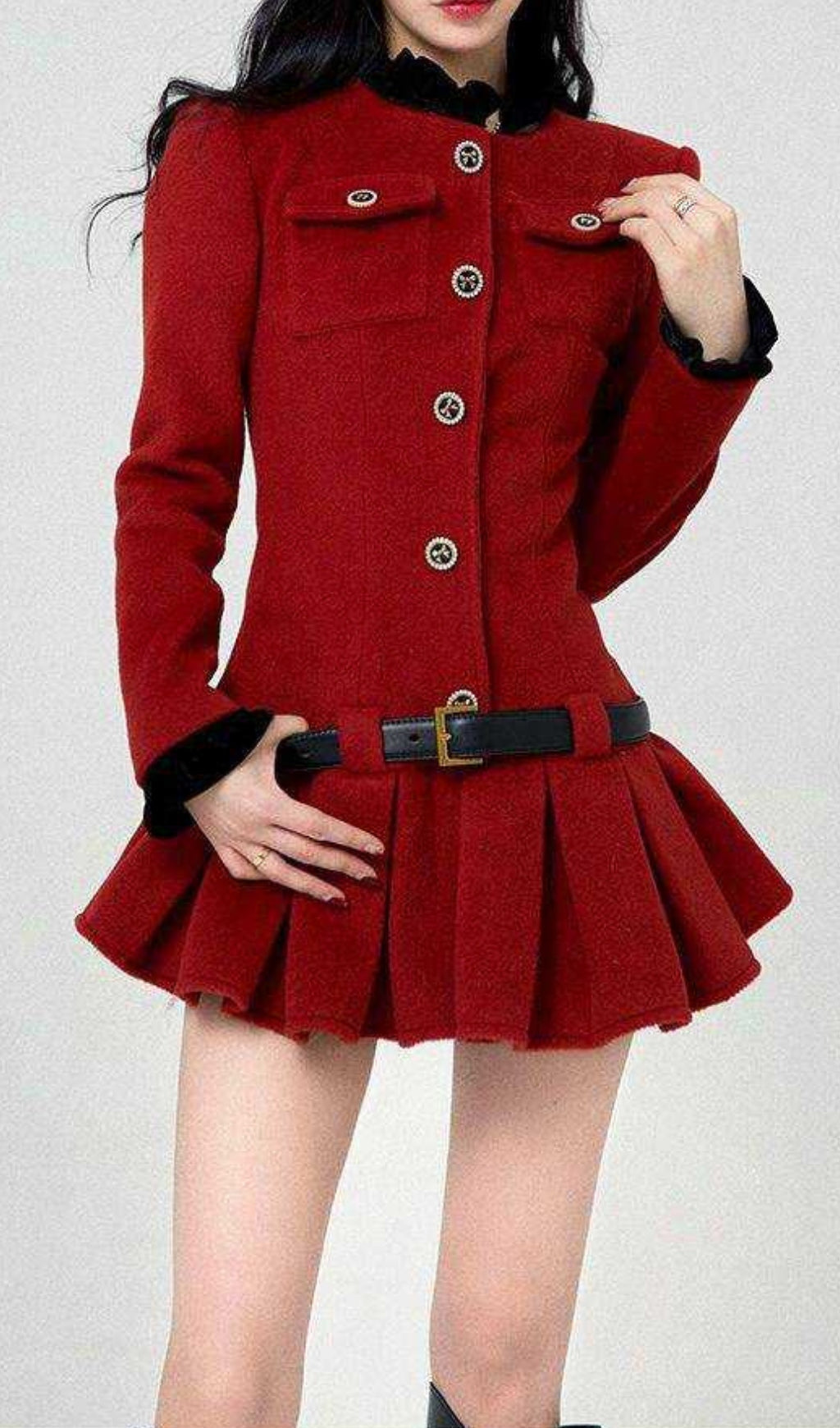 AIIZIE LONG SLEEVES ULTRA SHORT PLEATED DRESS IN BURGUNDY - product image