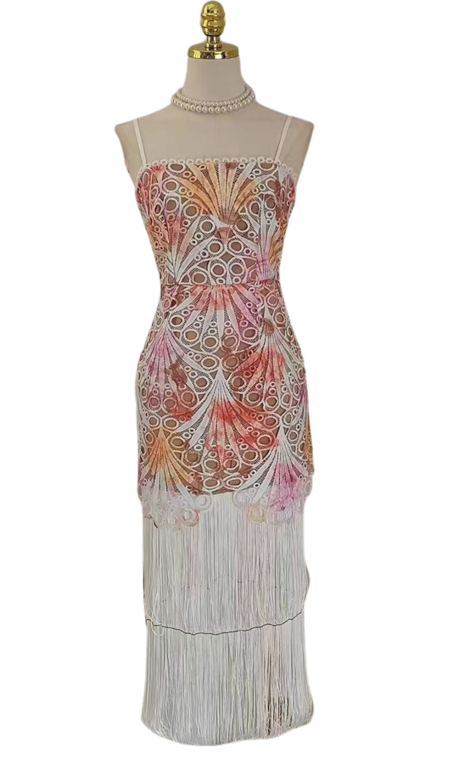 MULTICOLOR EMBROIDERED HOLLOW FRINGE MIDI DRESS