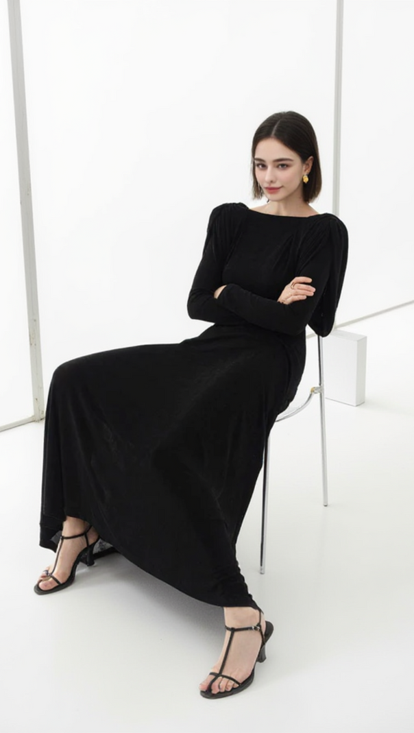 AIIZIE BLACK STRAIGHT BOAT NECK KNITTED FABRIC MAXI DRESS - product image