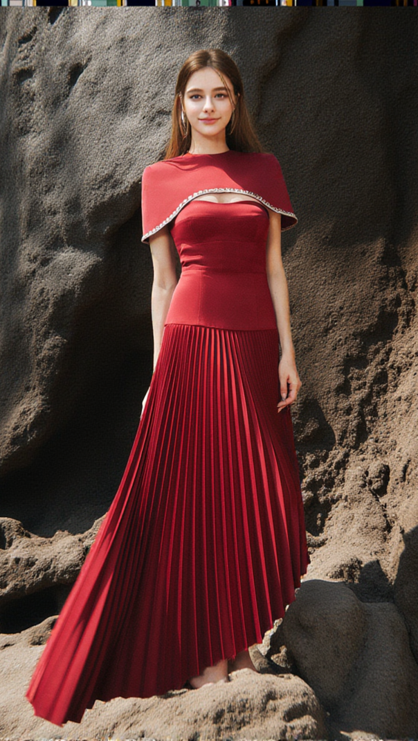 AIIZIE SPAGHETTI STRAP ASYMMETRIC PLEATED MIDI DRESS IN RED - product image