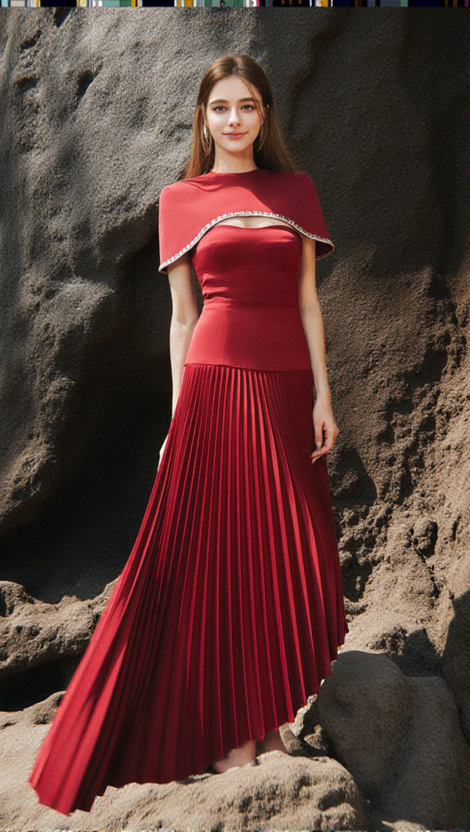 ABITO MIDI ASIMMETRICO CON PLISSETTE E SPAGHETTI IN ROSSO