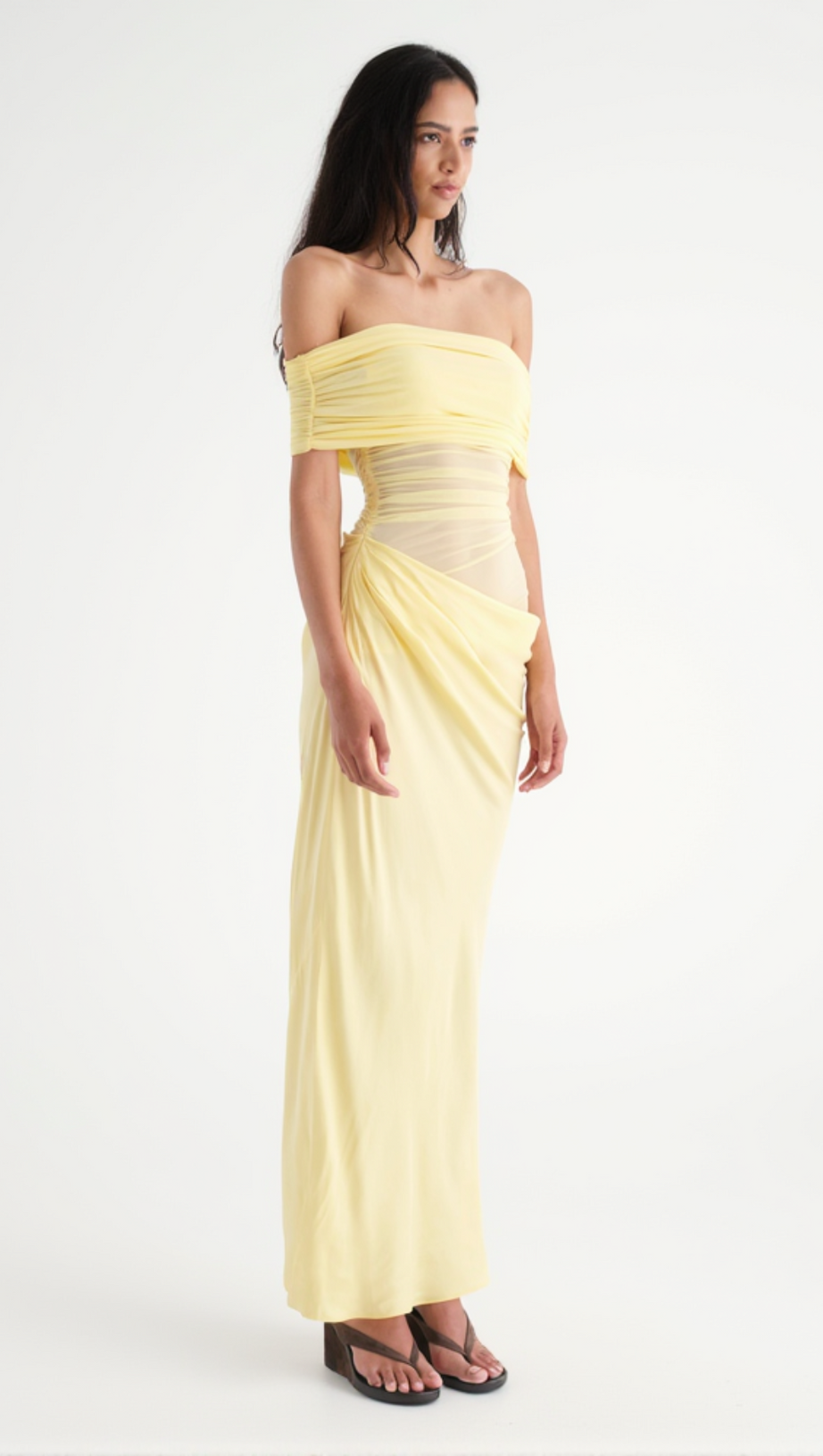 REANKO OFF SHOULDER RUCHED MESH MAXI DRESS - YELLOW