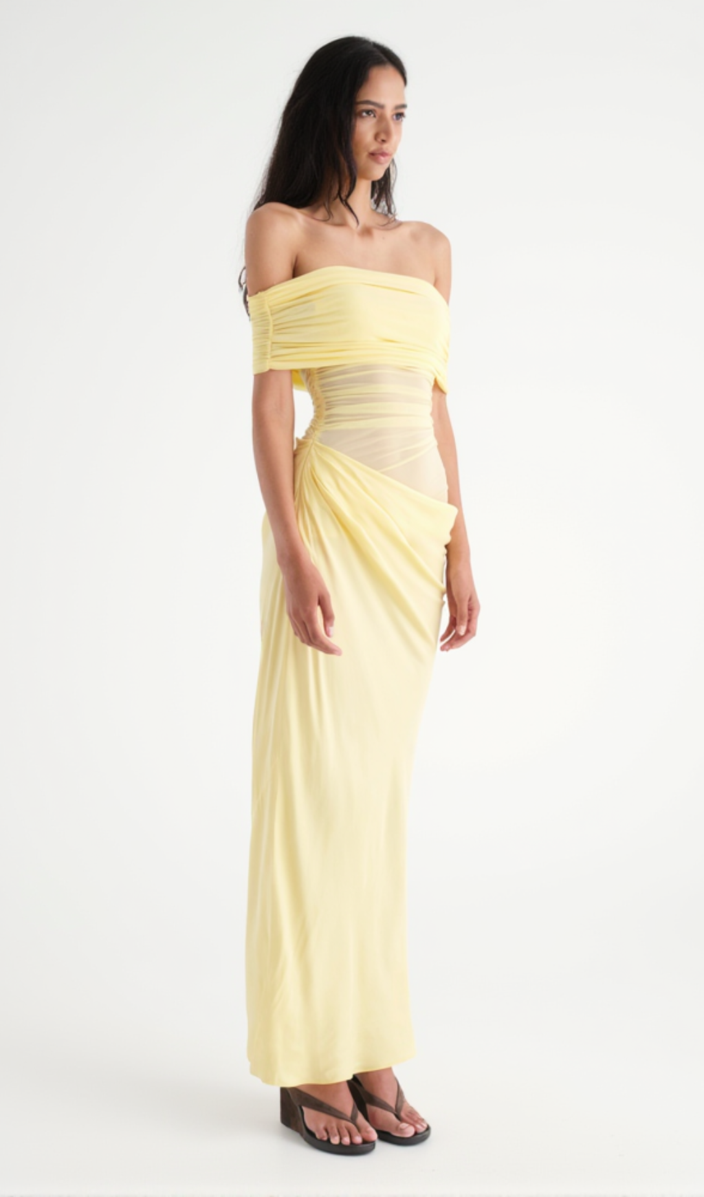 REANKO OFF SHOULDER RUCHED MESH MAXI DRESS - YELLOW