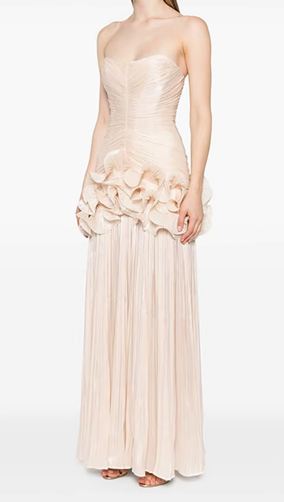 RUFFLE-EMBELLISHED PLEATED MAXI DRESS IN APRICOT