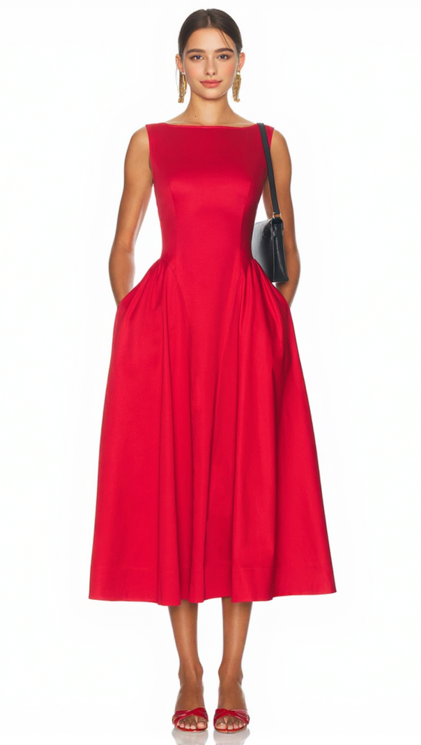 AIIZIE STRETCH COTTON SATEEN MIDI DRESS IN RED - product image