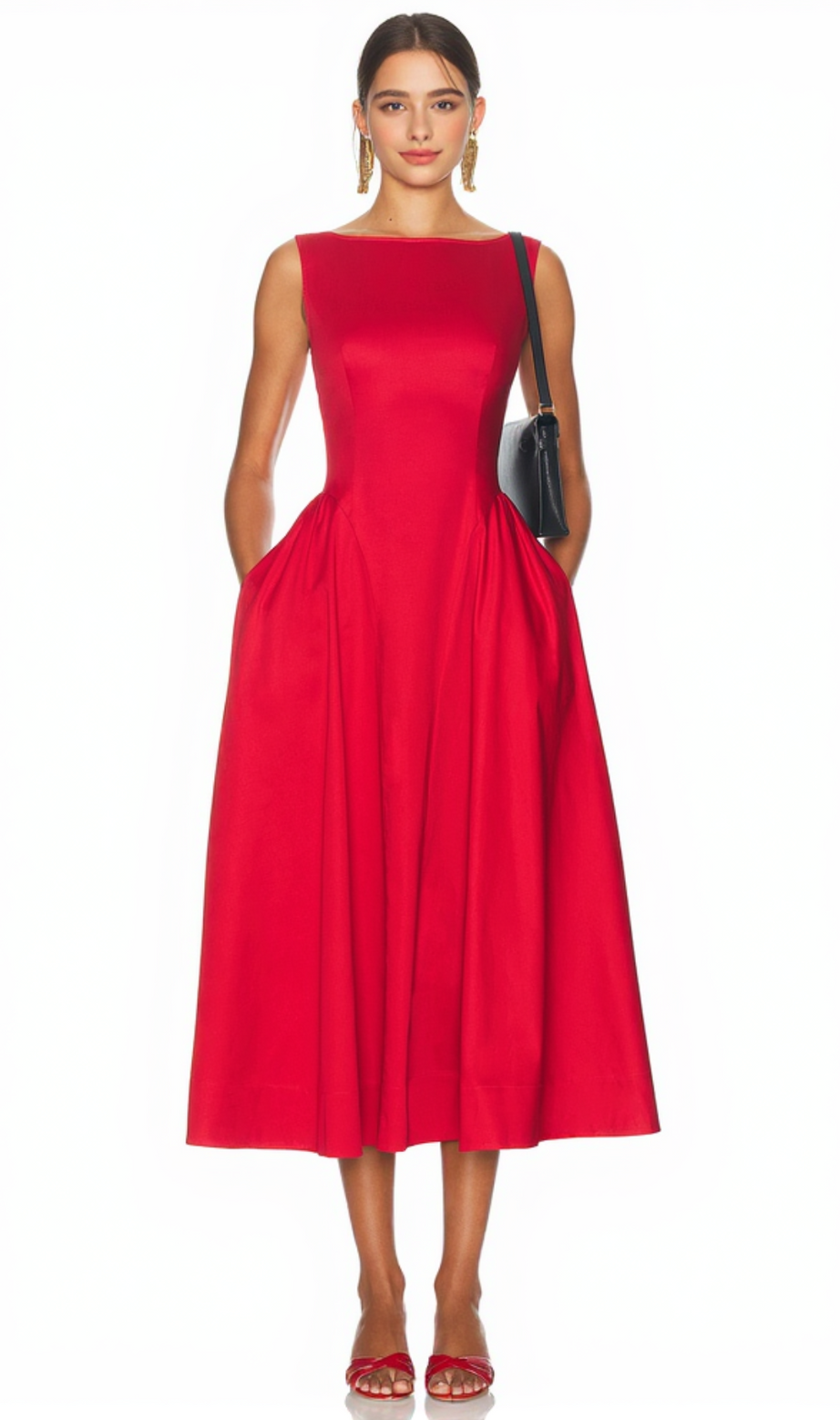 Midikleid aus Stretch-Baumwollsatin in Rot