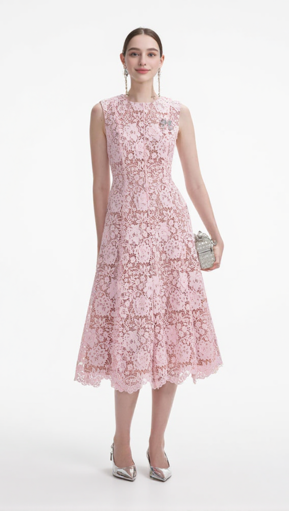 Midikleid aus floraler Spitze mit Pailletten in Rosa