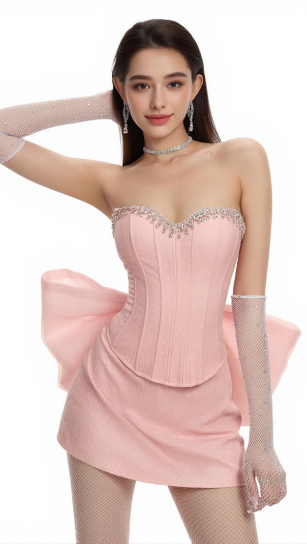 AIIZIE BACK BOWKNOT EMBELLISHED SKIRT SUIT IN PINK - product image
