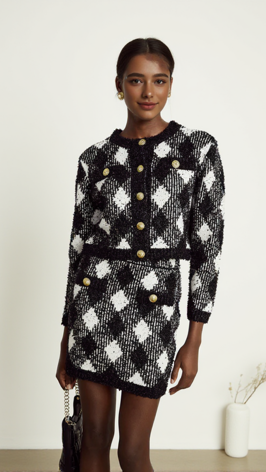 Schwarz-weiße Gingham-Tweed-Strickjacke