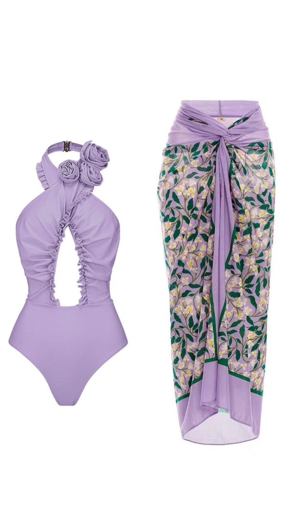 COSTUME DA BAGNO INTERO CON SCOLLO A V E FIORI 3D VIOLA E PAREO
