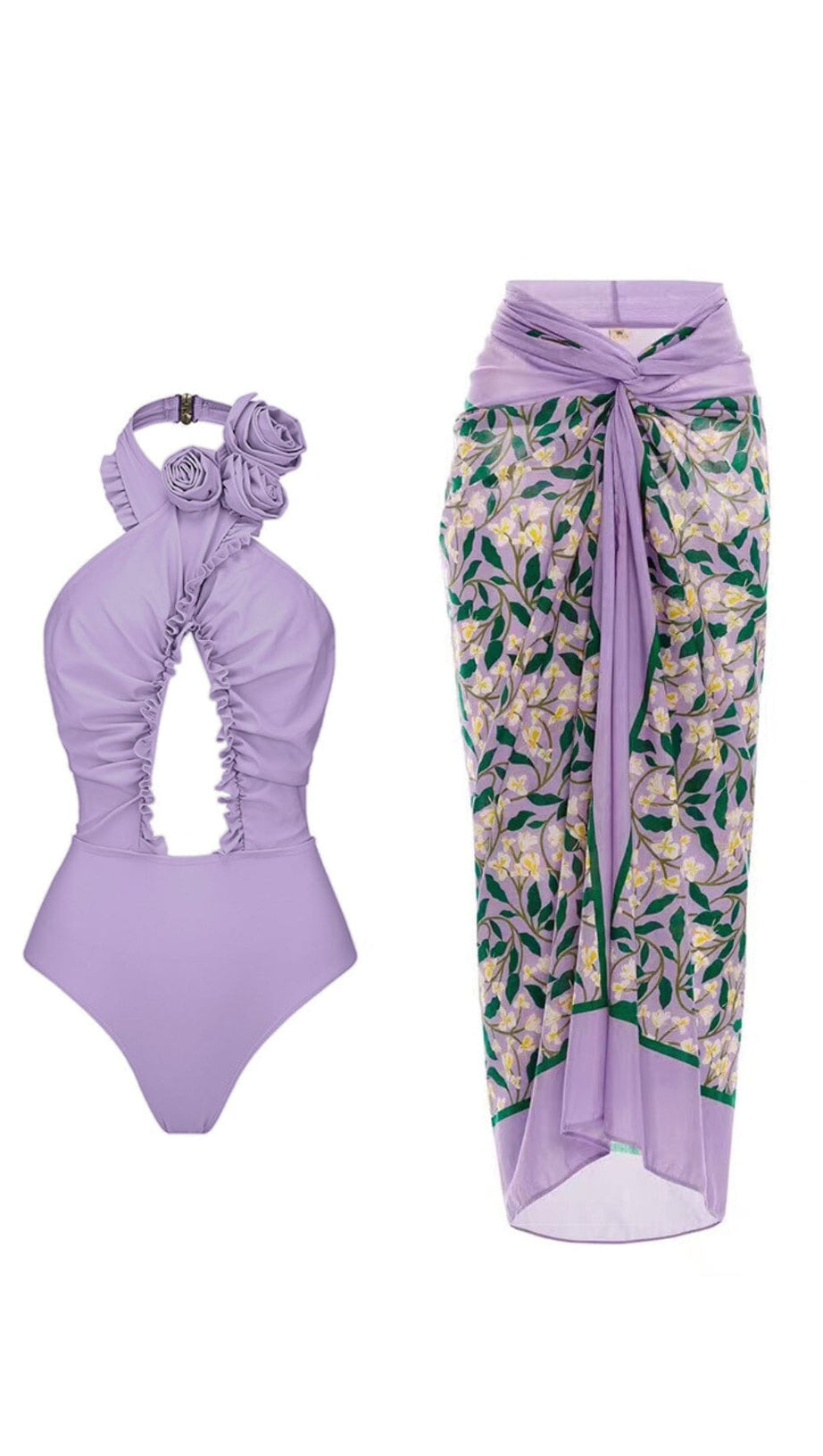PURPLE HALTER 3D FLOWER ONE PIECE SWIMSUIT AND SARONG