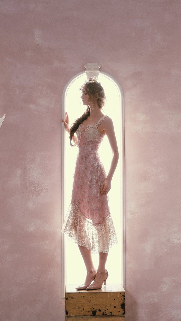 mandy Floral lace embroidery midi dress - pink