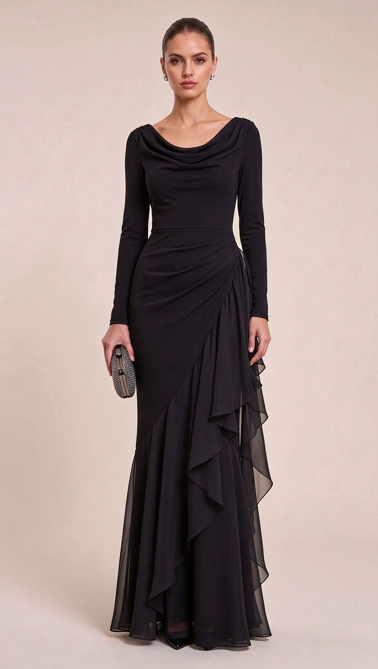 Black Mermaid Evening Gown with Sheer Ruffle Detail