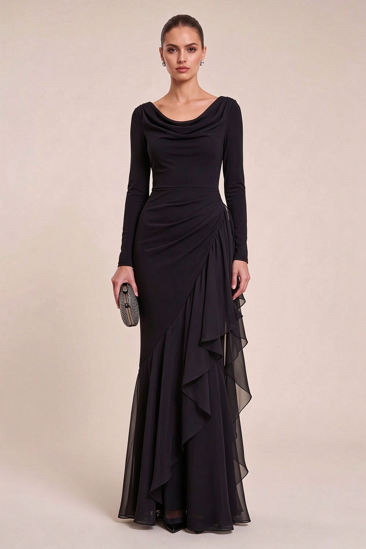 Black Mermaid Evening Gown with Sheer Ruffle Detail