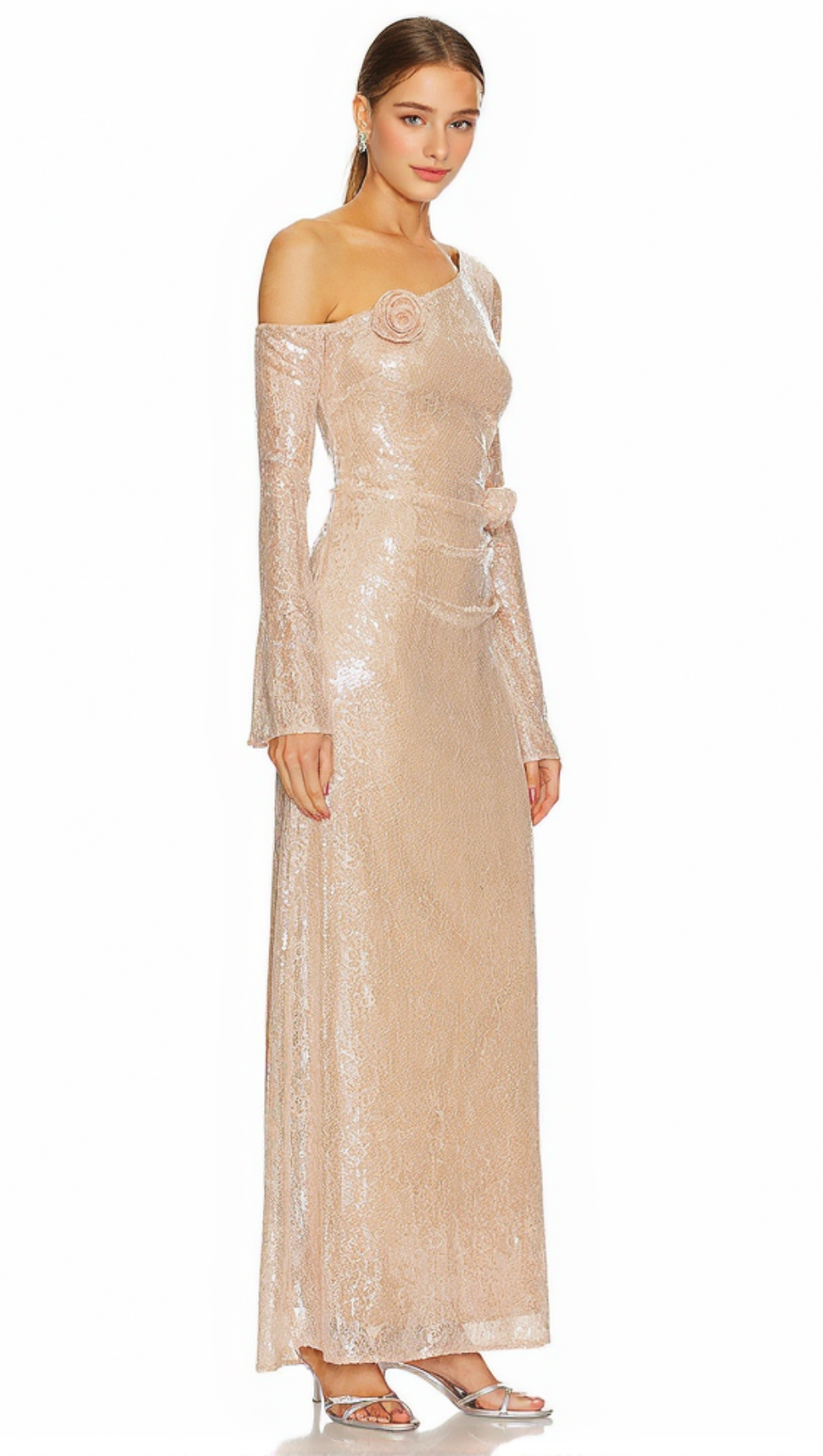 ONE-SHOULDER FLOWER EMBELLISHED SEQUIN MAXI DRESS IN APRICOT