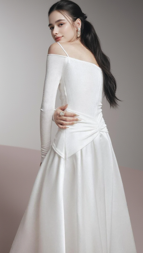 AIIZIE WHITE A-LINE COLD SHOULDER SLEEVED SPANDEX TAFFETA MAXI DRESS - product image