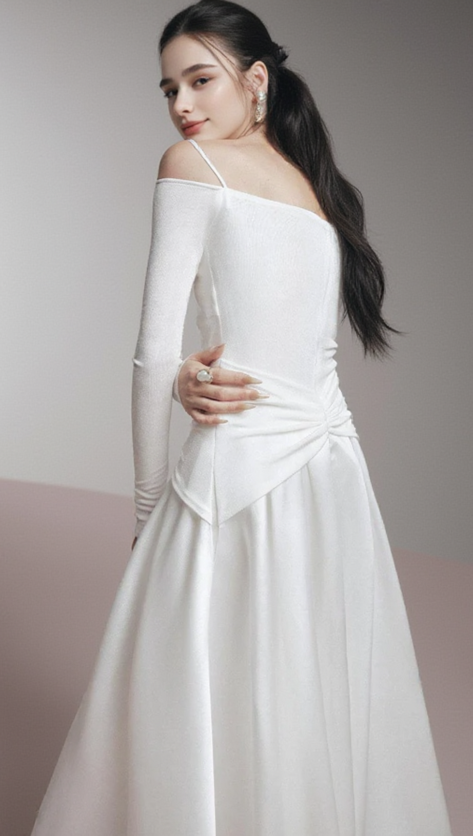 WHITE A-LINE COLD SHOULDER SLEEVED SPANDEX TAFFETA MAXI DRESS