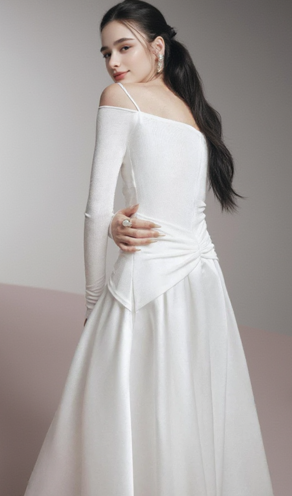 WHITE A-LINE COLD SHOULDER SLEEVED SPANDEX TAFFETA MAXI DRESS