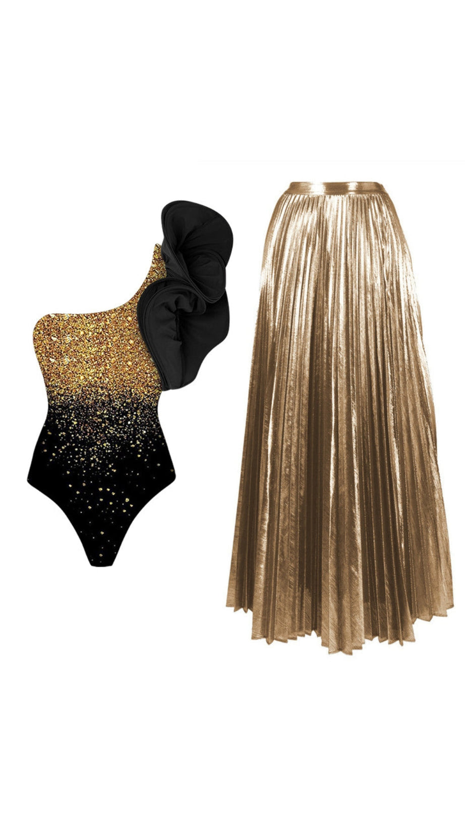 BADEANZUG UND ROCK MIT BLUMENPAILLETTEN