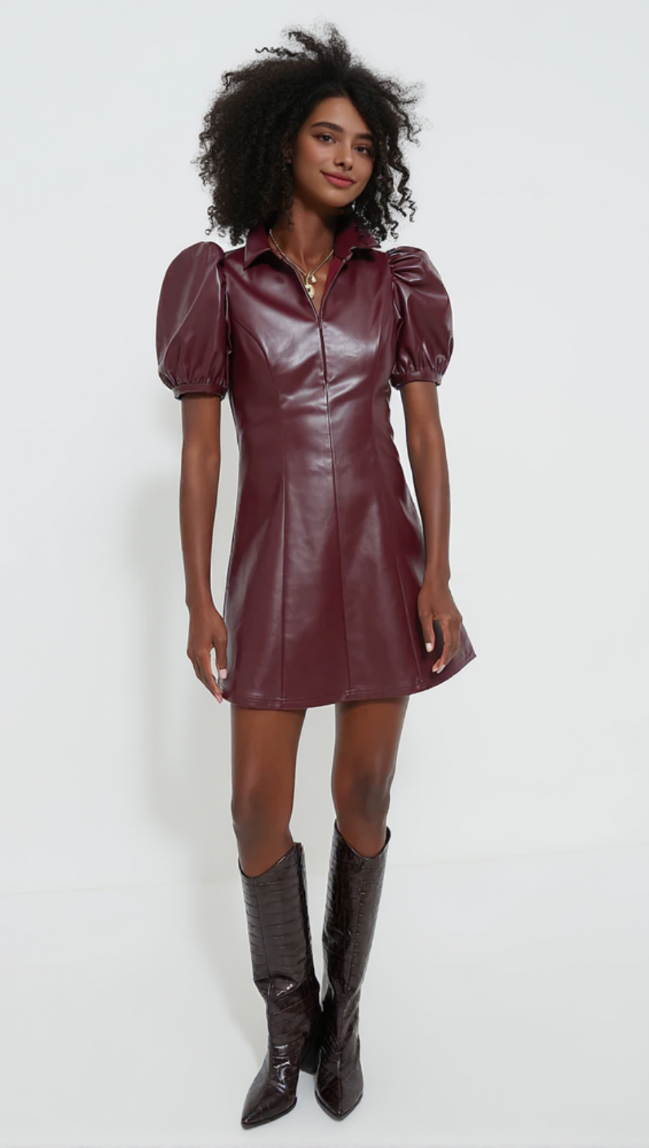 BURGUNDY FRONT ZIP FAUX LEATHER MINI DRESS