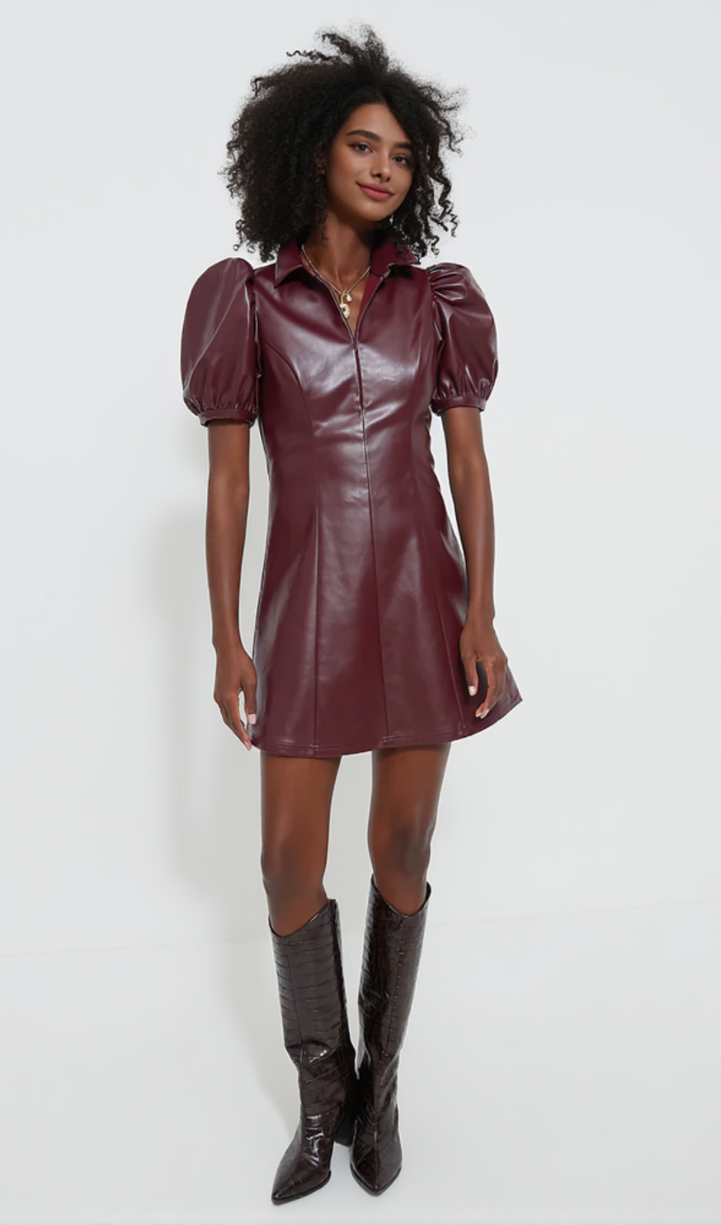 BURGUNDY FRONT ZIP FAUX LEATHER MINI DRESS