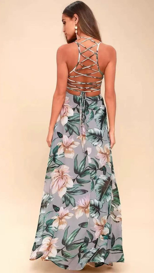 AIIZIE GREY FLORAL PRINT LACE-UP MAXI DRESS - product image