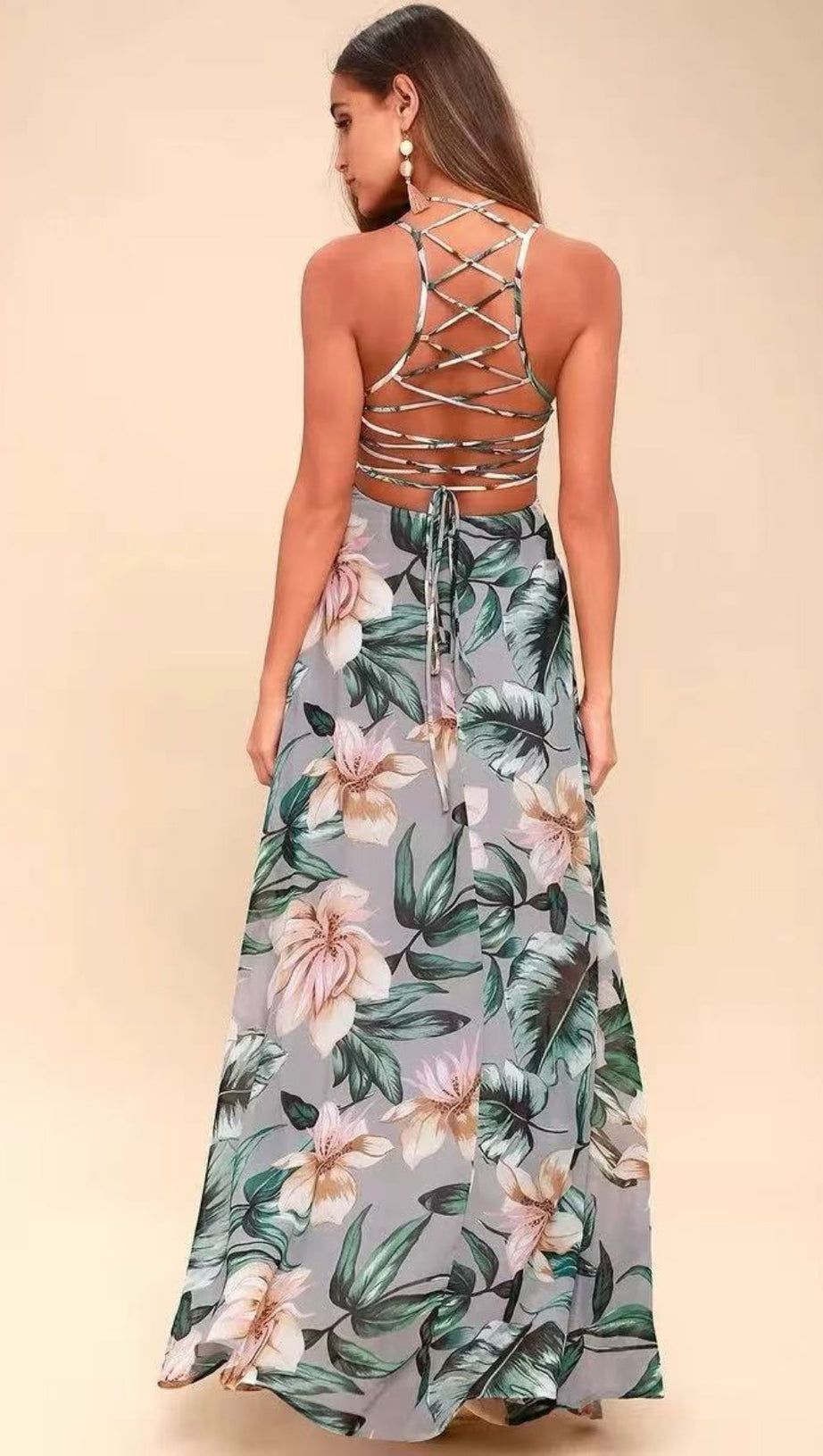 GREY FLORAL PRINT LACE-UP MAXI DRESS